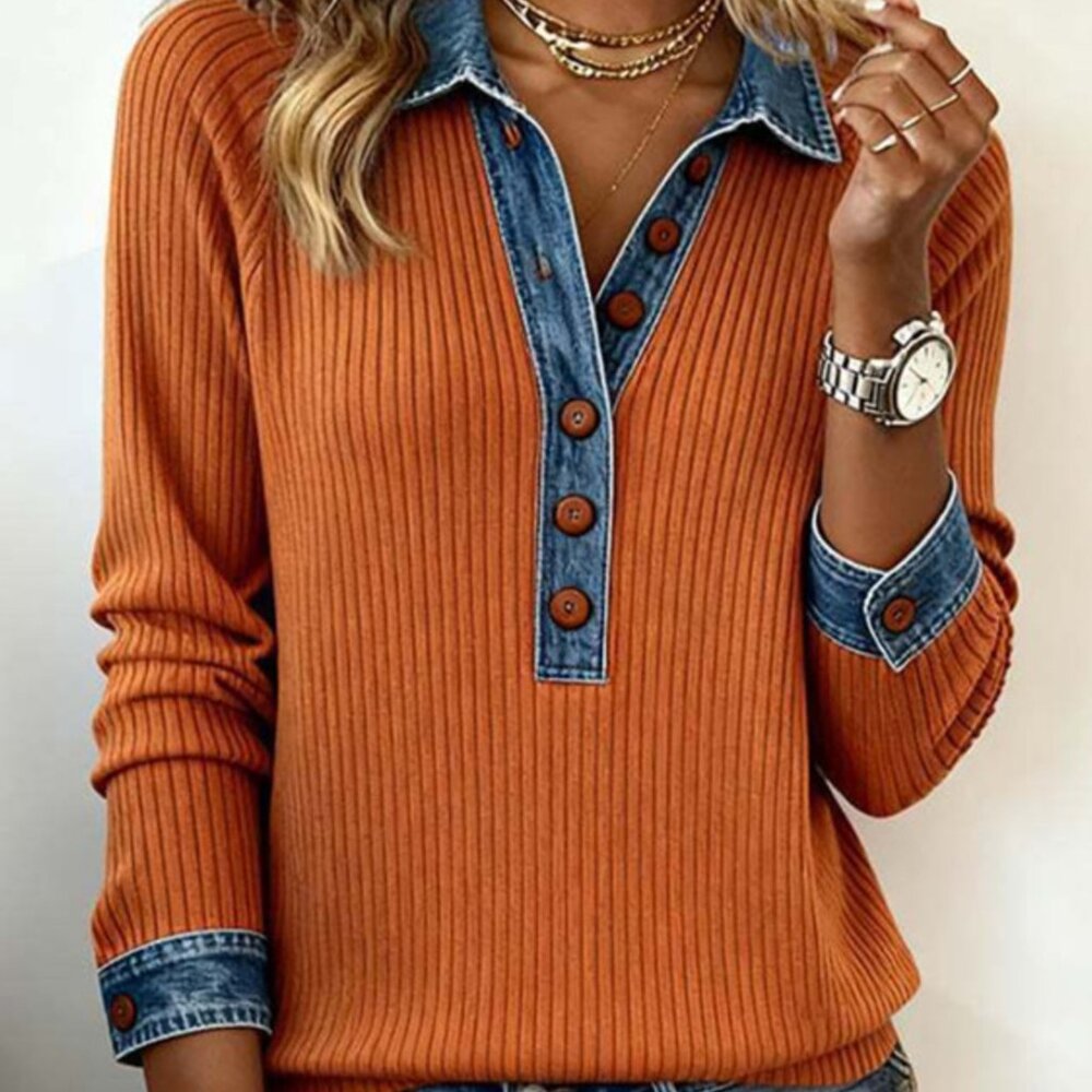Full Size Denim Trim Button Front Ribbed Knit Top Plus Size